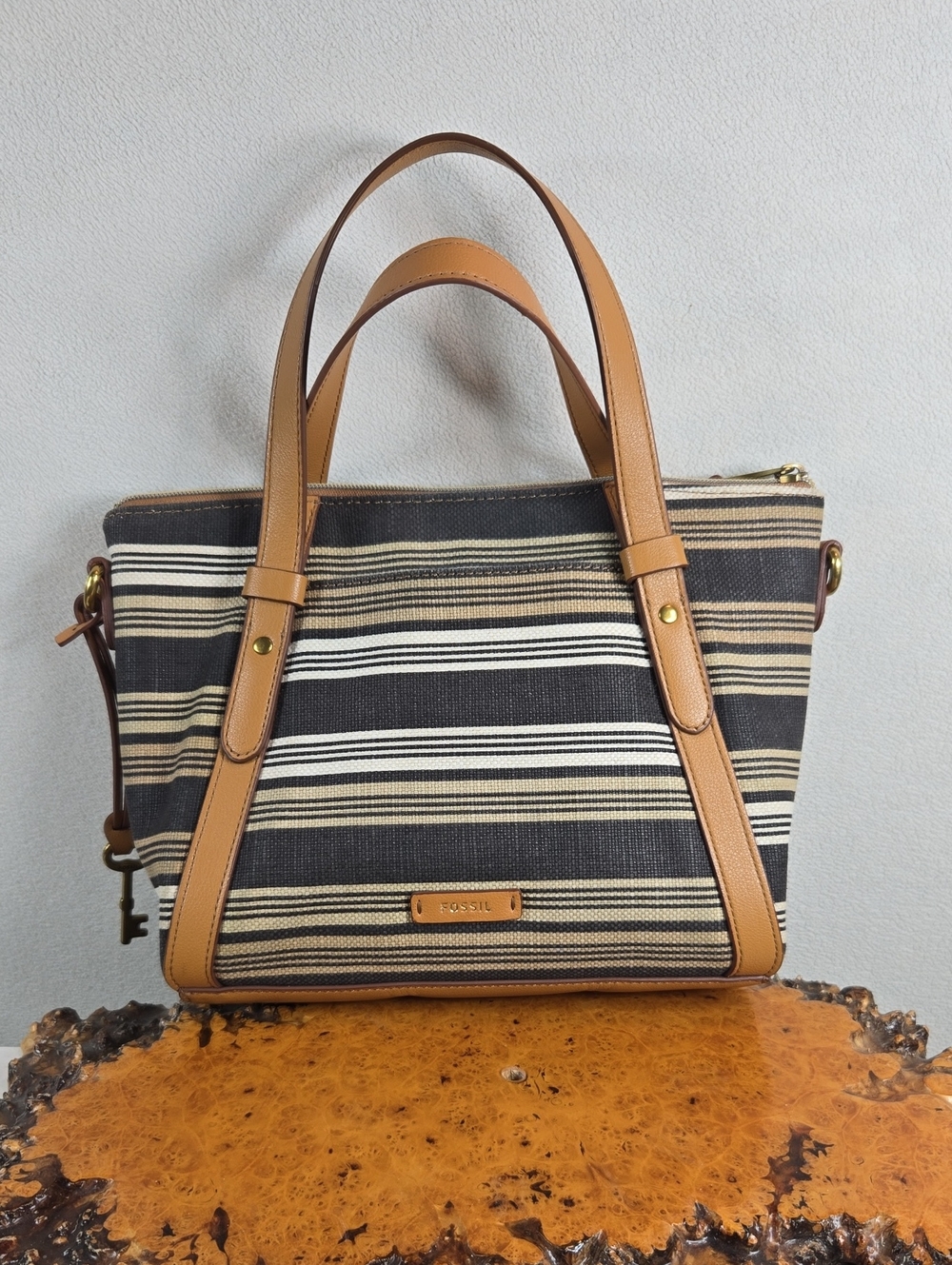 Fossil Tan and Black Striped Canvas Tote Bag